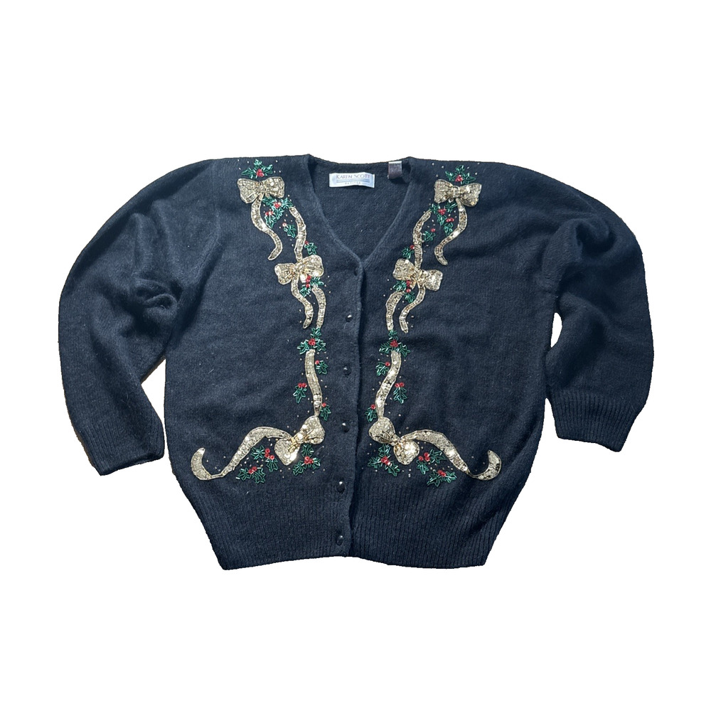 Karen Scott VTG Black Silk Angora Lambswool Christmas Sequin Beaded Cardigan PL